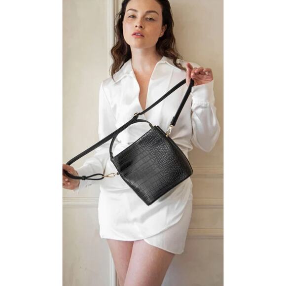 AOTA Elena Croc Top Bucket Bag with Crossbody Strap in Black - Picture 7 of 12